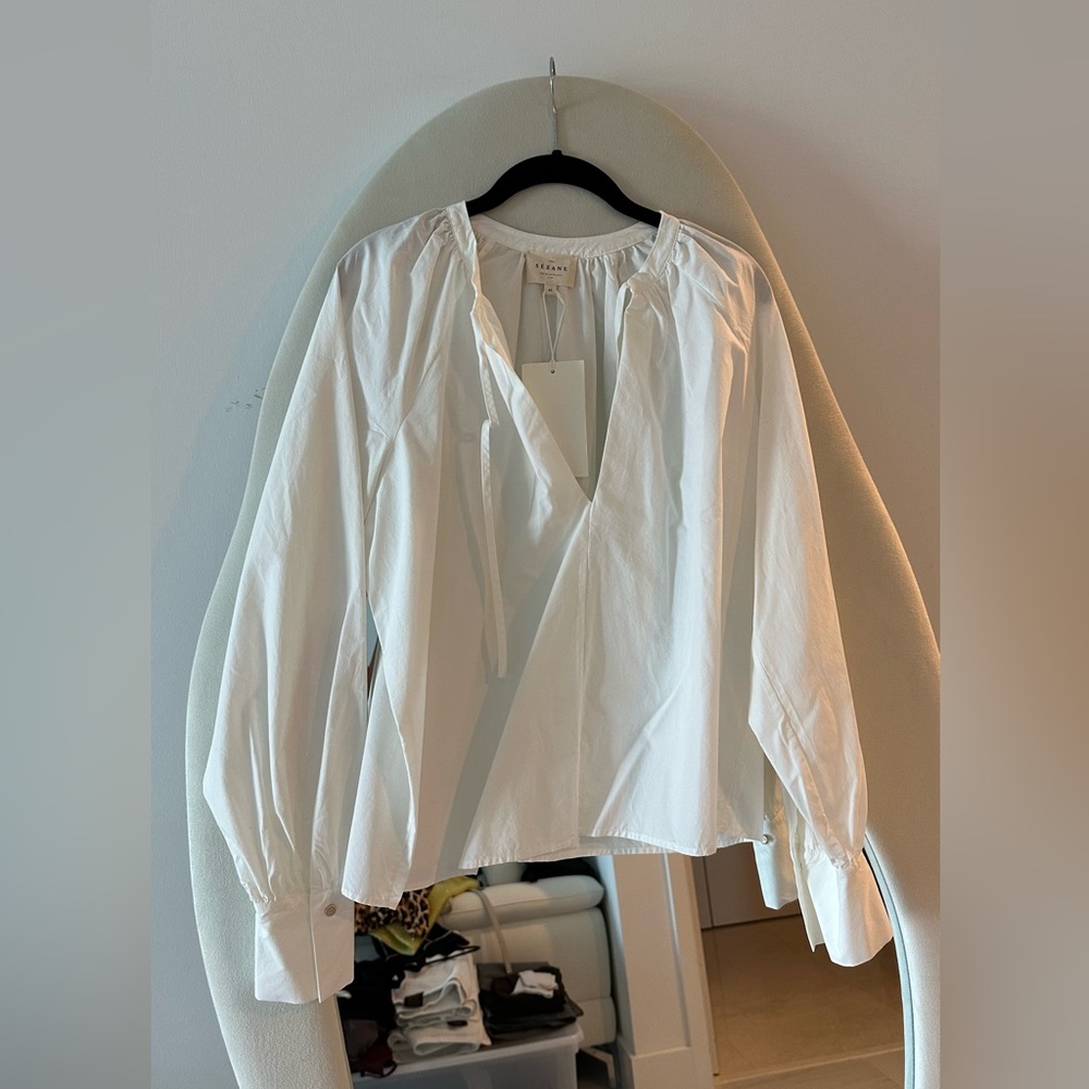 Sezane White Long-Sleeve Peasant Blouse